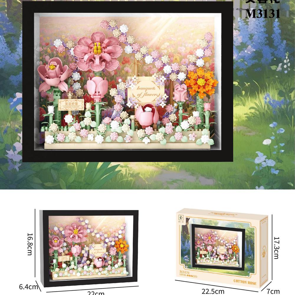Idea Arts Micro Diamond Block Home Furnishing Nanobrick Flower World 3D Photo Frame Toy Building Brick With Light For Girl Gifts