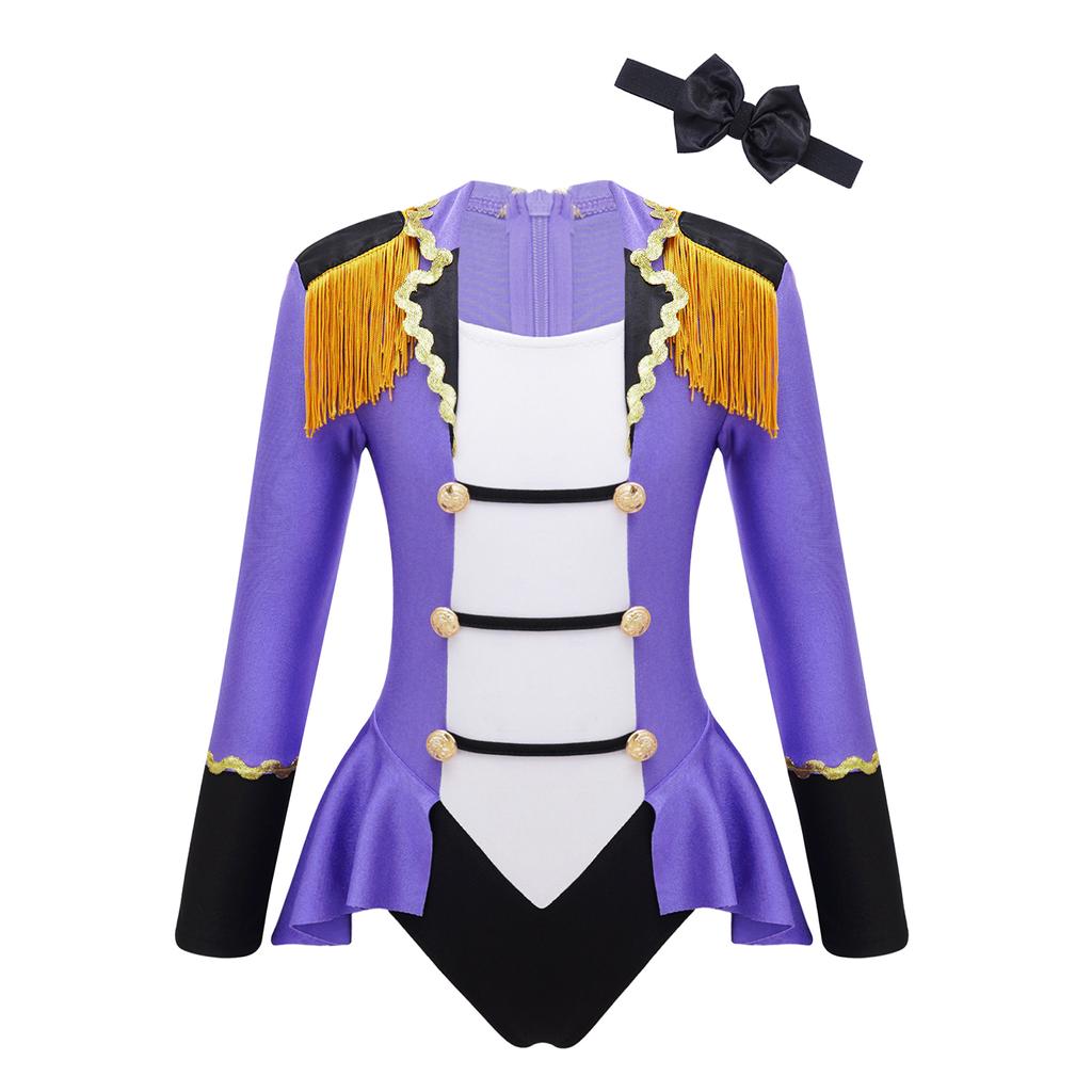 Kids Girls Circus Costume Long Sleeves Color Contrast Patchwork Tassel Buttons Adorned Cosplay Jumpsuit with Tie
