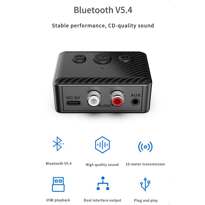Аудиоадаптер Bluetooth 5.4 Беспроводной приемник RCA 3,5 мм AUX USB Аудиоадаптер с микрофоном Поддержка воспроизведения с U-диска Для автомобильного комплекта Динамик