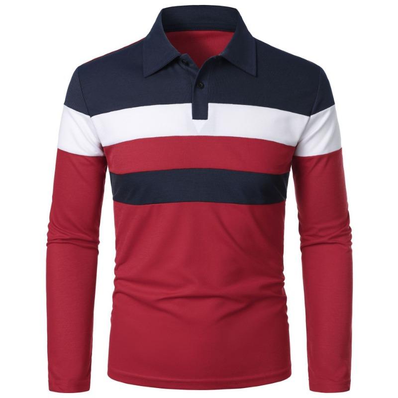 Men Turn Down Collar Long Sleeve Color Block Casual Polo Shirt