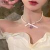 Pink Zircon Heart Bow Necklace Sweet Plastic Bead Chain Choker for Women Jewelry Accessories
