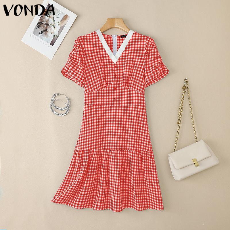 VONDA Women Stitching V Neck Short Sleeve Plaid Print Casual Pleated Dress