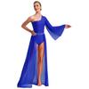 Women's One Shoulder Lyrical Dance Dress Sheer Mesh Flared Sleeve with Shiny Rhinestones Flowy Split