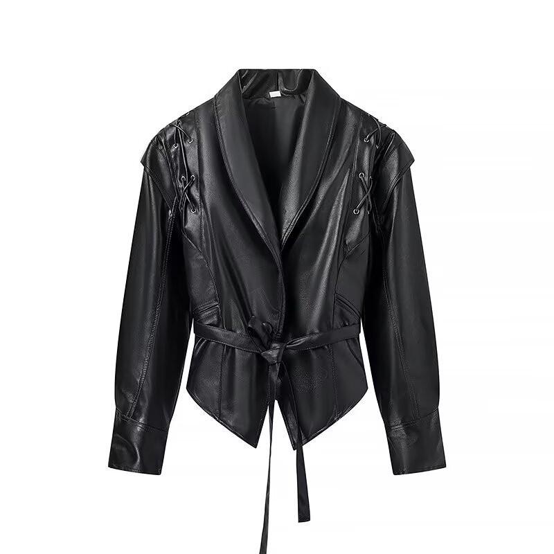 Womens Winter Streetwear Vintage PU Leather Jacket Slim Fit With Belt Detail