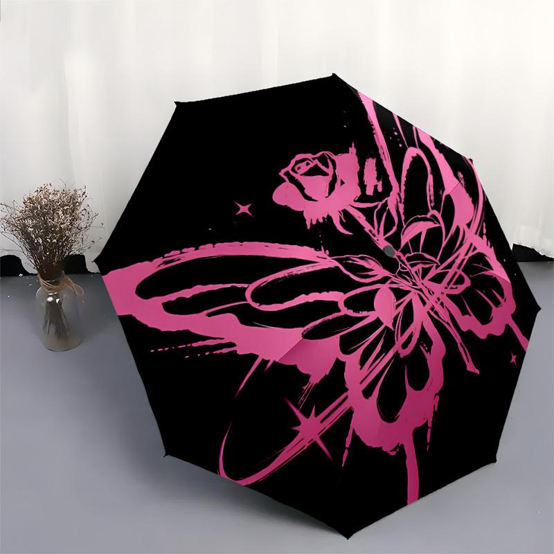 1pc Pink Butterfly Rose Design Umbrella with Plastic Handle,Suitable for All Seasons Home Travel Outdoor UmbrellaDD1039