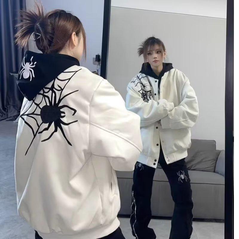 Винтажная уличная куртка с вышивкой паука, бейсбольный трикотаж, топ, осенне-зимняя одежда Y2k, женское свободное пальто для пар