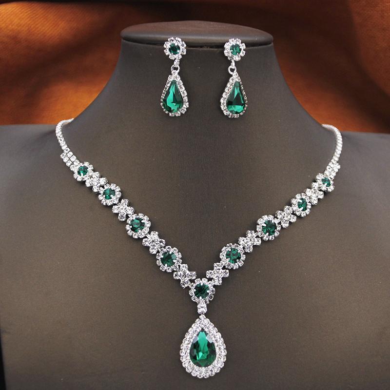 Women's Rhinestone Water Drop Bridal Jewelry Set Birthday Prom Purple Choker Necklace Earrings Wedding Bride Accessory Fashion