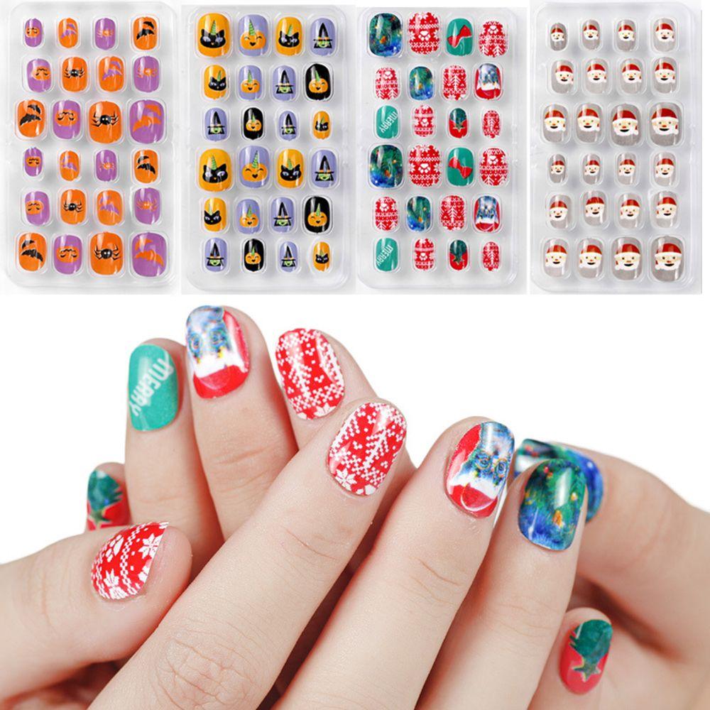 Детские рождественские накладные ногти для маникюра на Хэллоуин, детские накладные ногти с полным покрытием, самоклеящиеся