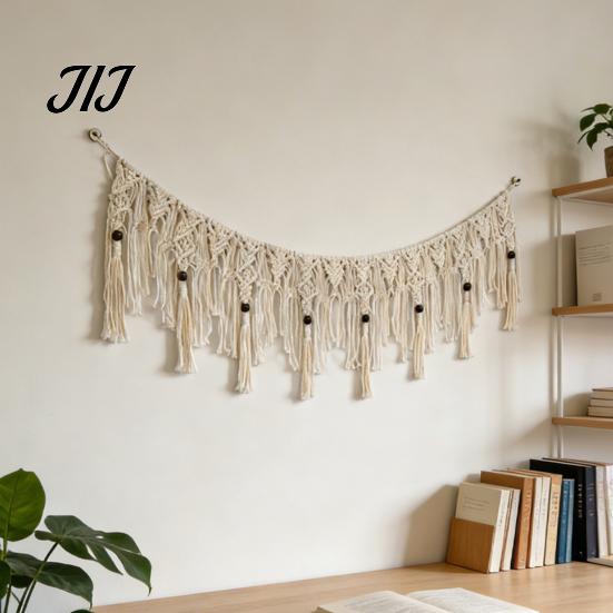 Bohemian Home Decor Boho Garland Wall Hanging with Wooden Beads, Hand Woven Cotton Tassel Banner, for Nursery Nordic Window Tapestry, Bedroom