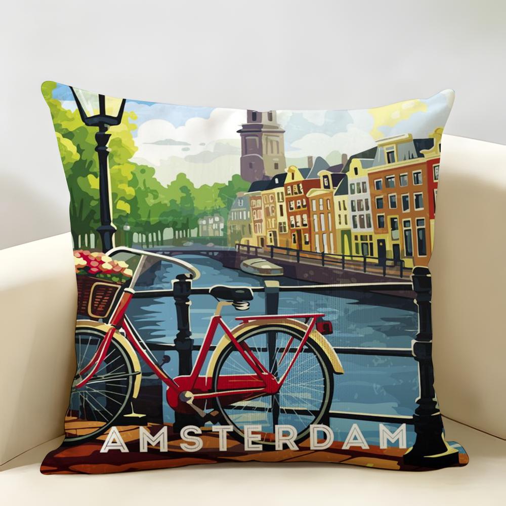 Amsterdam Netherlands Cushion Cover Natural Linen Organic Fabric Double-Sided Printing Breathable Perfect For Home Decor