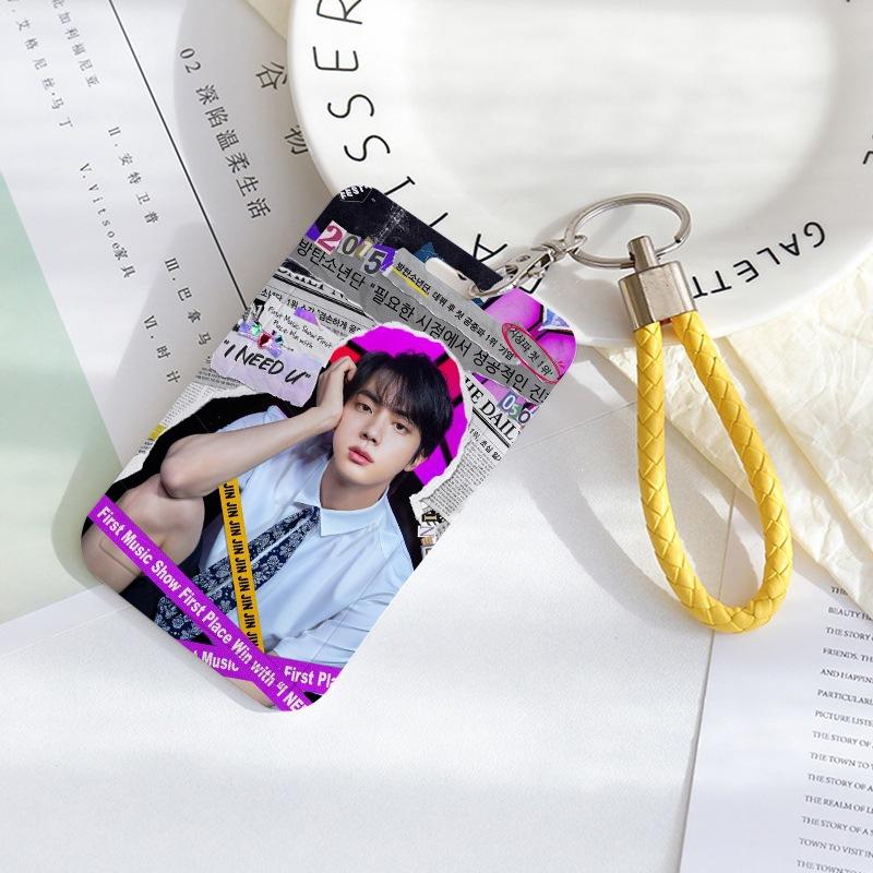 BTS Sliding Photocard Holder, Protective ID Badge Card Case with Braided Keychain Strap, Student Campus Bus Meal Card Protector Merch for ARMY