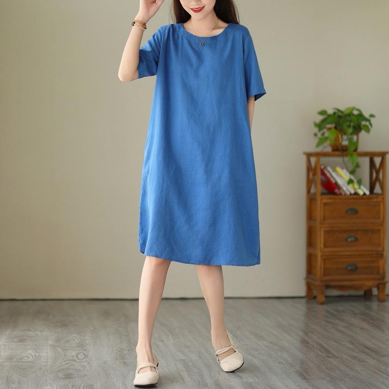 Women's Summer Lightweight Cotton Linen Dress, Japanese Minimalist Solid Color Round Neck Short Sleeve Loose Casual Midi Dress