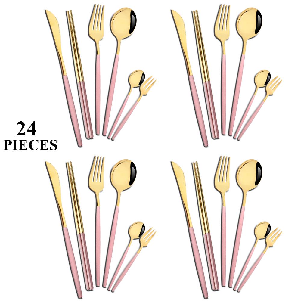 Набор столовой посуды из белого золота, 24 предмета, Посуда из нержавеющей стали, Нож, Вилка, Ложки, Чайная ложка, Палочки для еды, Набор столовых приборов, Кухонные столовые приборы