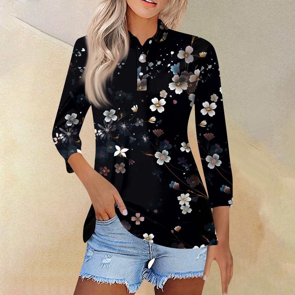 Женская модная повседневная рубашка с отворотом и рукавом 3/4, женские топы на пуговицах