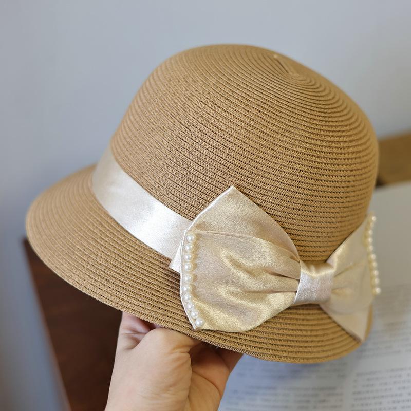 Thousand gold elegant pearl bow French basin hat retro travel sunshade spring and summer fashion fisherman straw hat