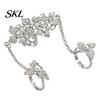 Girls Open Ring Rhinestone Flower Link Chain Ring, Bling Floral Leaf Full Finger Adjustable with Chain, Statement Hand Jewelry for Women Golden Plated