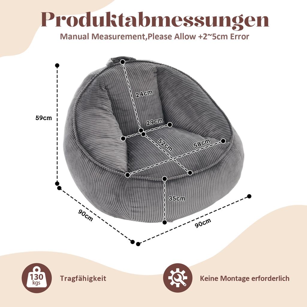 Bean Bag, Bean Bag for Adults and Children, for Living Room, Bedroom, Playroom, Office-Medium (Light Gray)