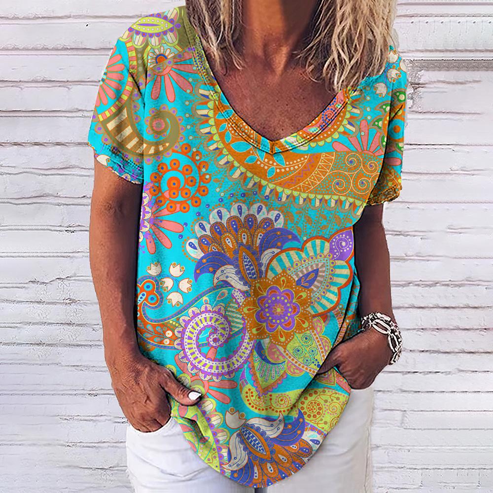 Винтажный принт топ женский с короткими рукавами уличная летняя футболка женская мода повседневная футболка с V-образным вырезом Y2k свободная женская одежда