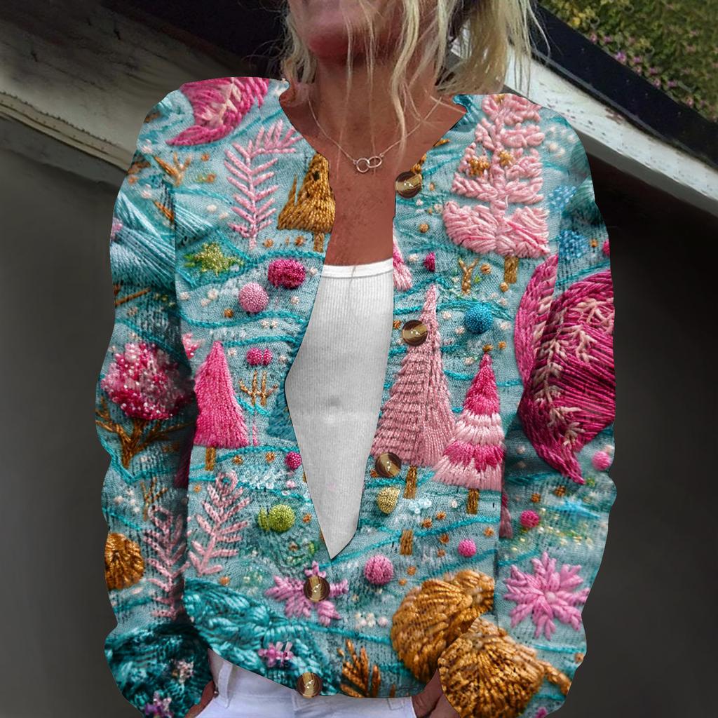 Женский модный вязаный кардиган на пуговицах с рождественским принтом и длинным рукавом