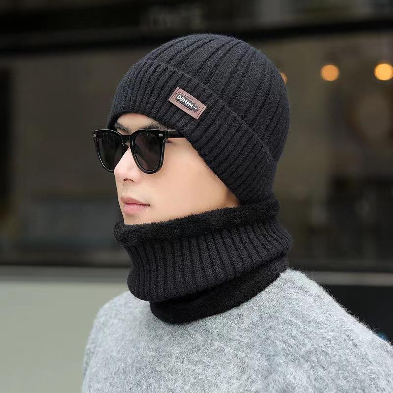 Knitted Hat, Autumn and Winter Men's Warm and Velvet Fashionable Woolen Hat New Versatile Ear Protection Hat Scarf Cold Protection Hat Thick Hat