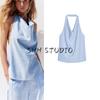 Summer New Product Women's Clothes Linen Blend Hanging by Ornament Bows Collar Open Back Tops 6929161