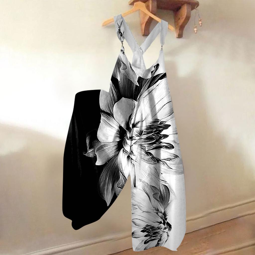 Широкие комбинезоны для женщин, повседневные свободные комбинезоны без рукавов, ретро-принт, металлические пуговицы, длинные брюки, комбинезон с карманами