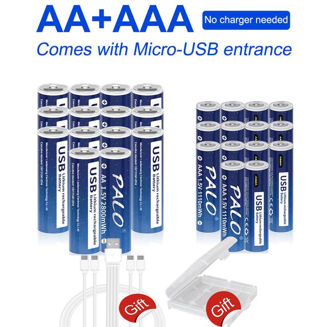 AA + AAA USB-аккумуляторы 1,5 В, 2800 мВтч Литий-ионный аккумулятор AA 1,5 В, 1110 мВтч литиевый аккумулятор AAA, быстрая зарядка через USB