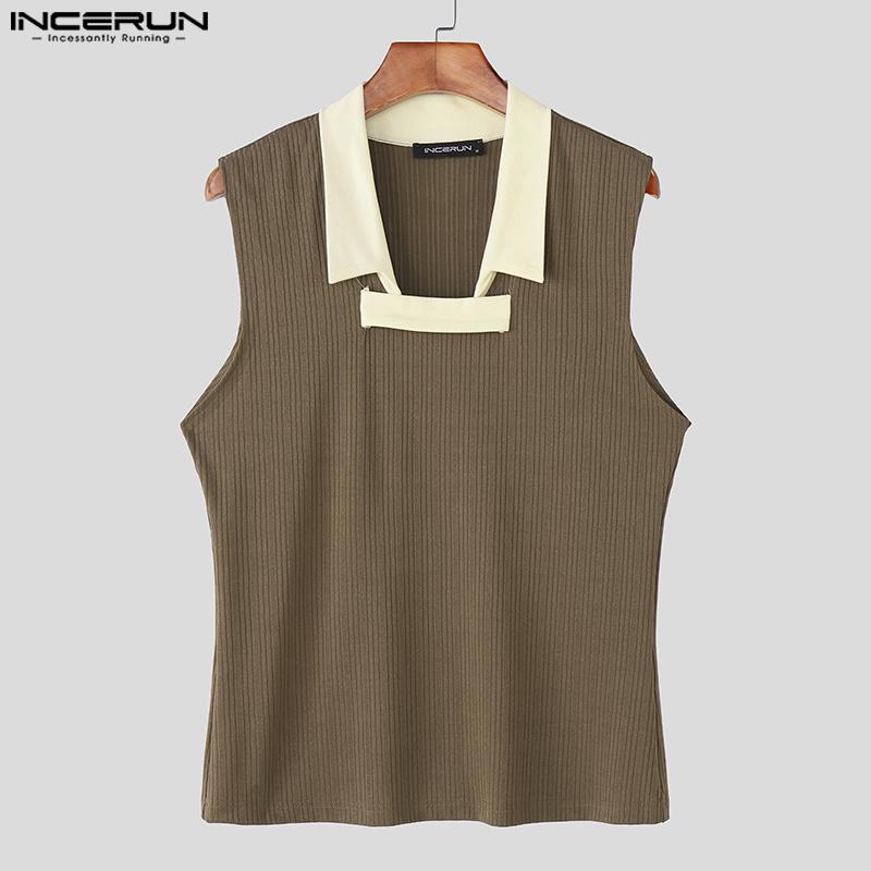 INCERUN Men Patchwork Lapel Sleeveless Casual Ribbed Tank Tops