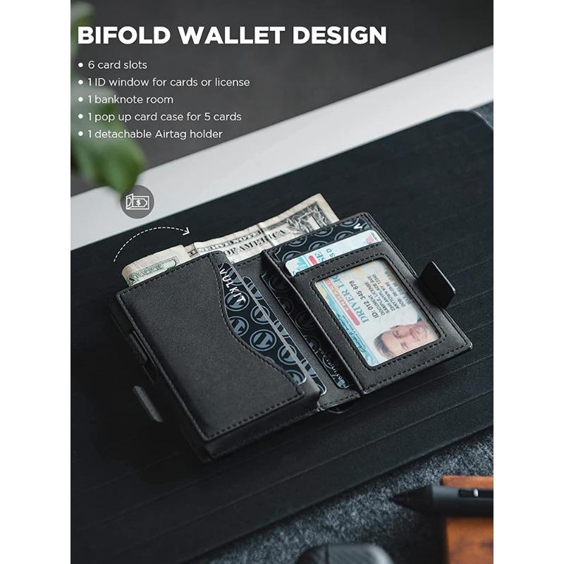 Card Holder Wallet with Airtag Holder Pop Up Leather Wallet RFID Blocking Magnetic Closure for Men