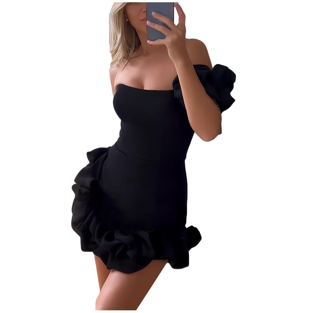 Ladies Solid Color Ruffle Waist Dress One Shoulder Tube Top Package Hip Dress For Women