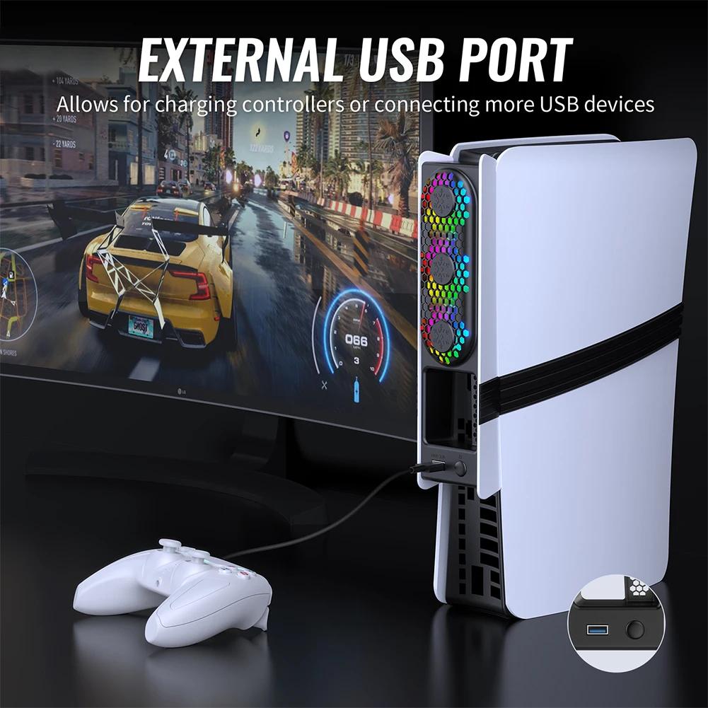 Охлаждающий вентилятор для PS5 Pro/Slim Регулируемый 3-скоростной охлаждающий вентилятор со светодиодной подсветкой и портом USB3.0 Улучшенный охлаждающий вентилятор для дисковой и цифровой версий