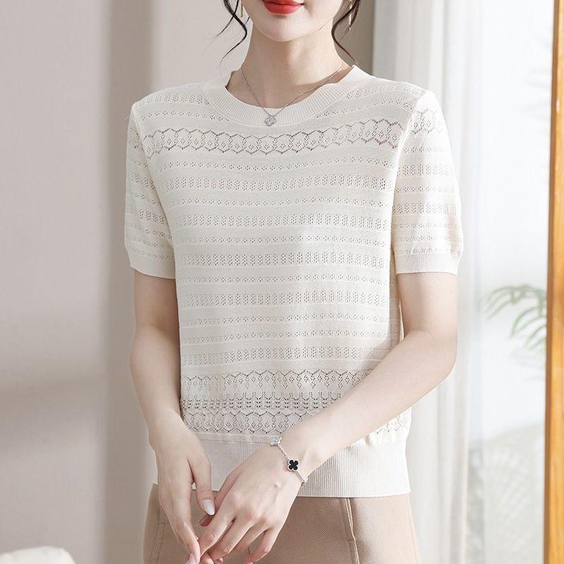 Women's Round Neck Short Sleeved Ice Silk Fabric Knitted Loose Hollow Pullover Summer Fashionable T-Shirt