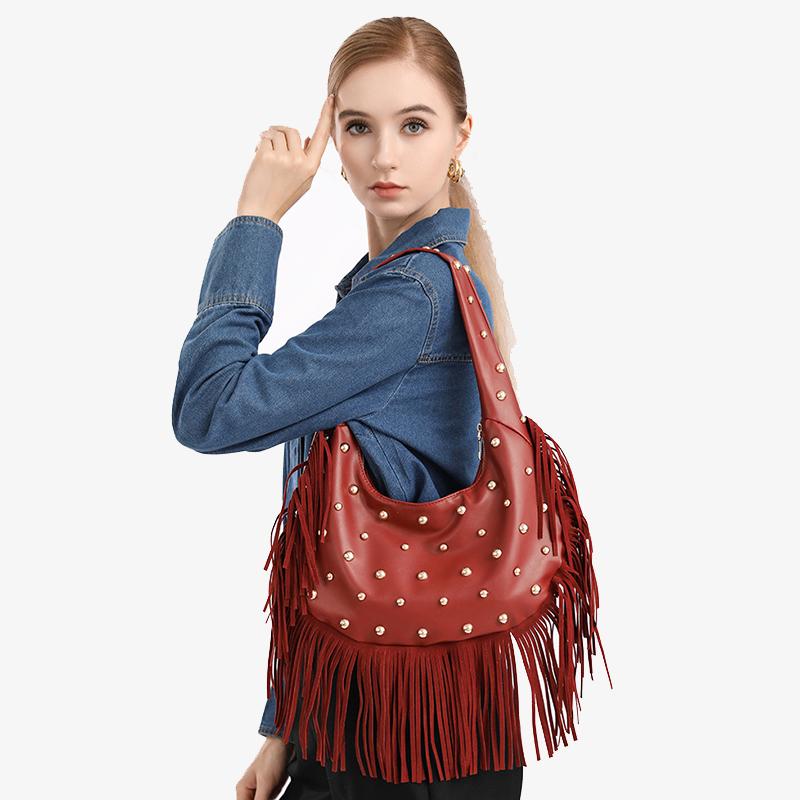 Yogodlns Модная женская сумка подмышку с индивидуальностью, ретро, с кожаной текстурой, с кисточкой и заклепками, универсальная, простая, трендовая наплечная сумка