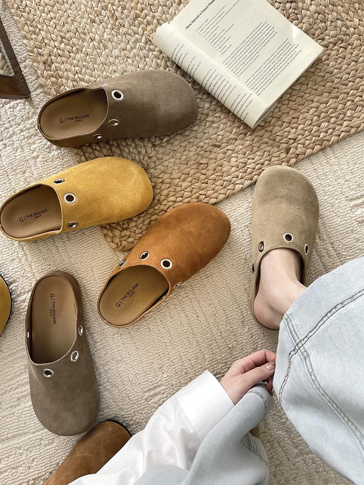 Fashion 2025 Spring New Closed Toe Slippers Women's Fashion Round Toe Deep Mouth Rivet Soft Sole Anti-slip Wear-resistant Flat Shoes