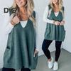 Women Sweater Vest V-neck Sleeveless Pockets Mid-length Knitting Tops Solid Color Autumn Winter Casual Knitwear