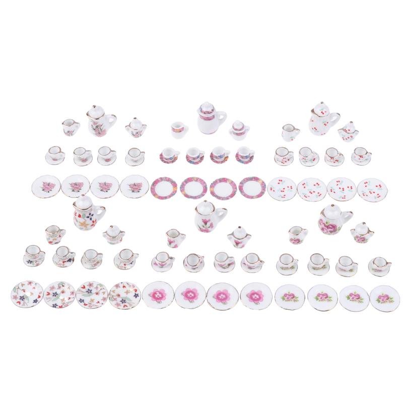 1Комплект 1:12 миниатюрных керамических чайных сервизов для кукольного домика, чашка, чайник, поднос, цветы, столовые приборы, кухонный декор, игрушечные аксессуары для кукольного домика