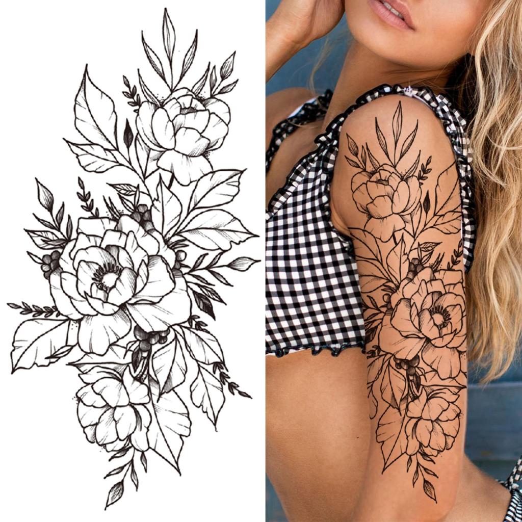 Сексуальная Временная Татуировка Цветы Для Женщин Девушек Взрослых Пион Черная Роза Татуировки Наклейка Поддельная Птица Душистый Горошек Листья Татуировки Боди-арт Рука