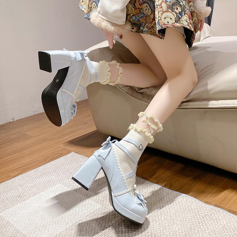 Туфли-лодочки на платформе с толстым каблуком, женские туфли на высоком каблуке 2025, корейские милые туфли Мэри Джейн, маленькие кожаные туфли, бант, стиль принцессы, каблуки Лолиты