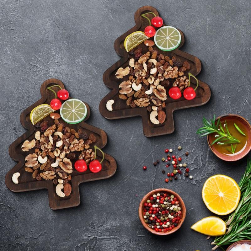 2PCS Wooden Serving Trays Christmas Tree and Hat Shape Cheese Platters for Fruit Bread Snacks Candy Food Dish Plate Xmas Party