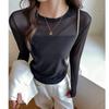 Осень Зима Однотонная Сетчатая Лоскутная Футболка Женская Круглый Вырез Длинный Рукав Повседневная Модная Базовая Футболка Топ
