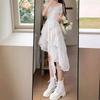 Design sense irregular bubble sleeve dress summer square collar waist thin holiday style princess dress
