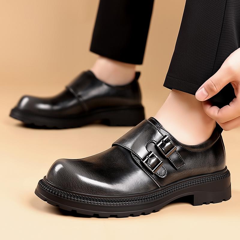 Fashionable Retro Men's Polished Big Toe Leather Shoes Autumn Men Buckle Comfortable Thick Soled Casual Shoes Mengke Trendy Shoe
