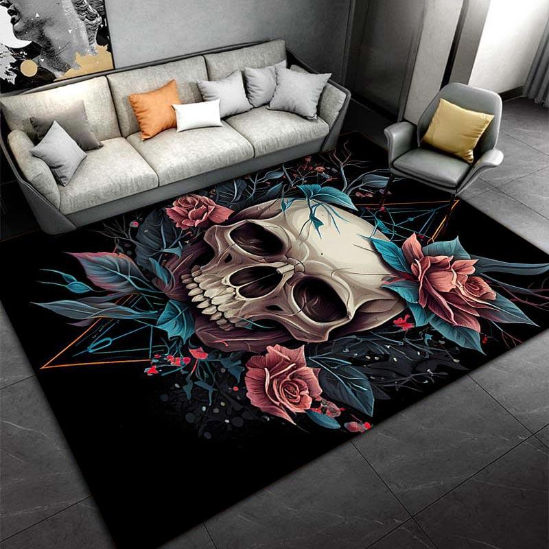 Skull Floral Art Carpet with Roses and Leaves on Black Background Suitable for use as an anti-slip for living room bedroom sofas