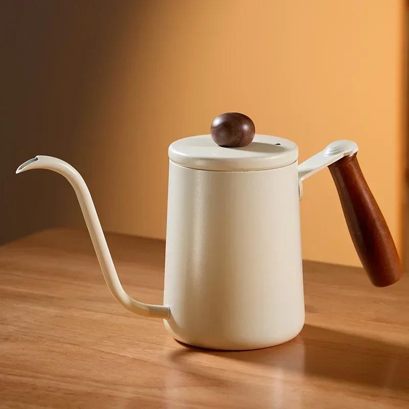 350/600ML Hand Brewed Coffee Pot 304 Stainless Steel Household Narrow Mouth Solid Wood Handle Milk Foam Kitchen Cafe Accessories