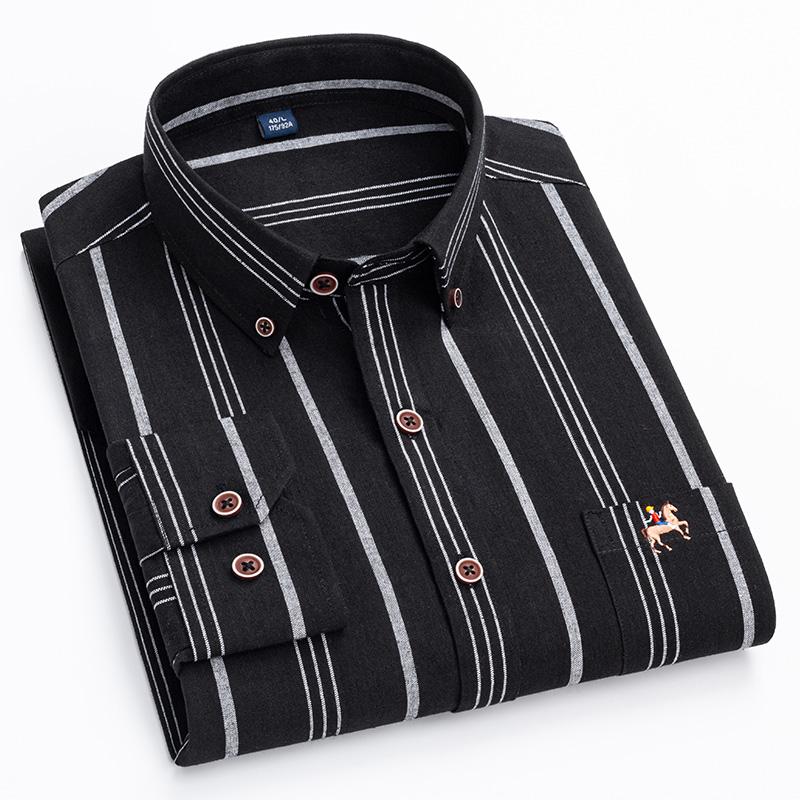 New Cotton Oxford Long Sleeve Business Men Striped Shirts Regular Fit Logo Male Casual Plaid Shirts with Front Pocket