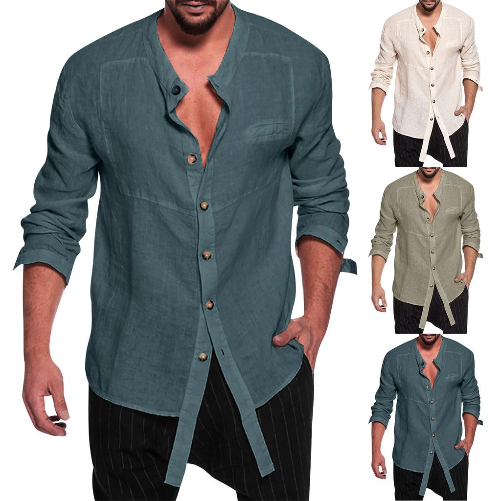 Designer Spring Summer Men's Casual Cotton Linen Solid Color Long Sleeve Shirts Loose Shirts