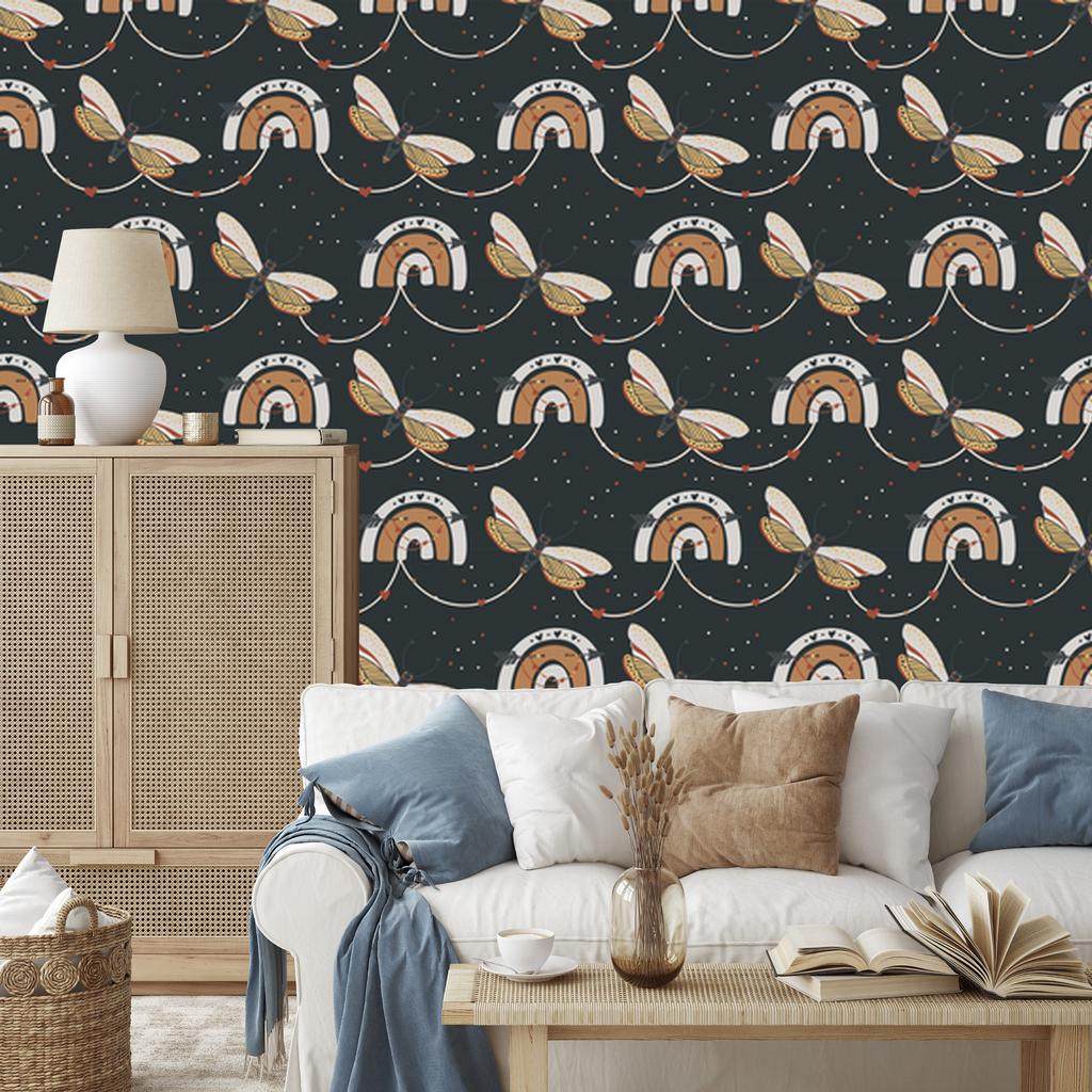 Rainbows and Butterflies Boho Wallpaper Turquoise, Graphite and Gray 50x1000