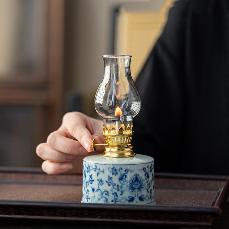 Китайский стиль Масляная лампа Винтажные поделки Чайный домик Керосиновая лампа Кабинет Спальня Керамические лампы Гхи Нарисованные вручную узоры Украшения