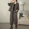 DIMANAF Plus Size 2025 Весенние брючные костюмы Женские полосатые комплекты Костюмы Свободные блузки Рубашки Длинные брюки Повседневная одежда