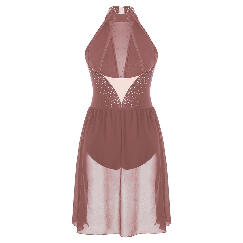 Womens Glittery Rhinestone Backless Dress Sheer Mesh Patchwork Design Mock Neck Lyrical Dance Leotard